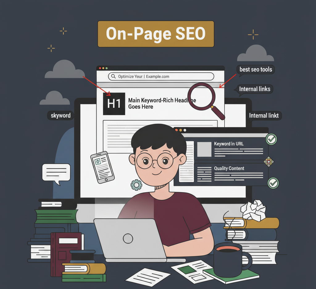 An illustration representing an SEO expert analyzing on-page SEO elements, including keyword optimization, internal linking, and quality content strategies.