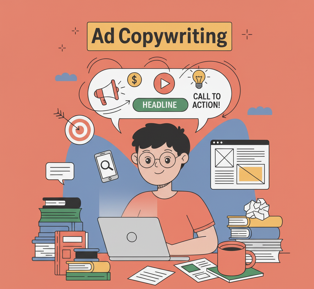 This illustration details the digital Ad Cropywriting workflow, showing a person executing a structured marketing plan via a tablet.