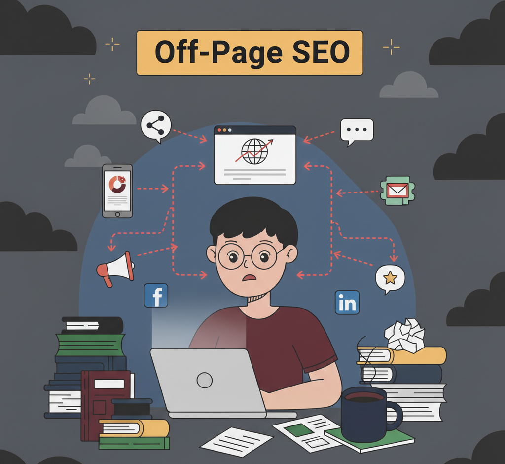 An illustration representing an SEO expert analyzing off-page SEO elements, including keyword optimization, internal linking, and quality content strategies.