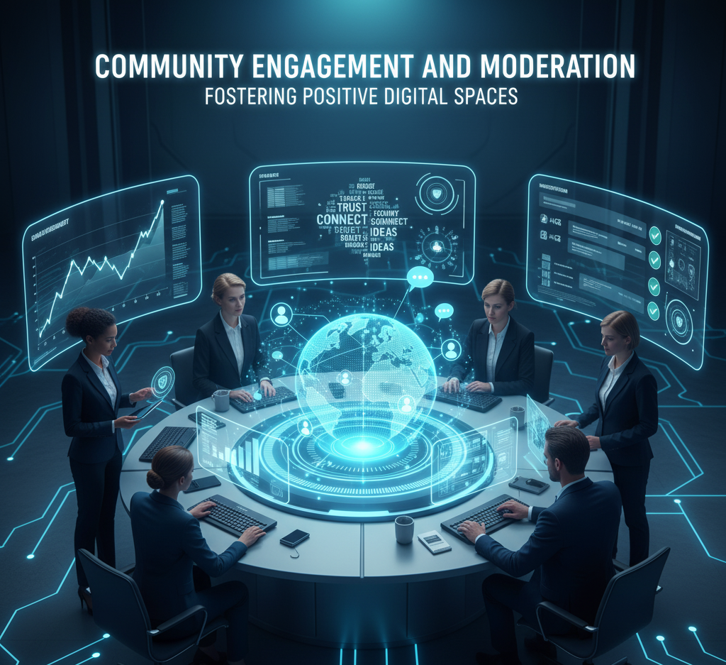 dynamic, futuristic illustration depicting a high-tech corporate team focused on Community Engagement and Moderation within a global digital context.
