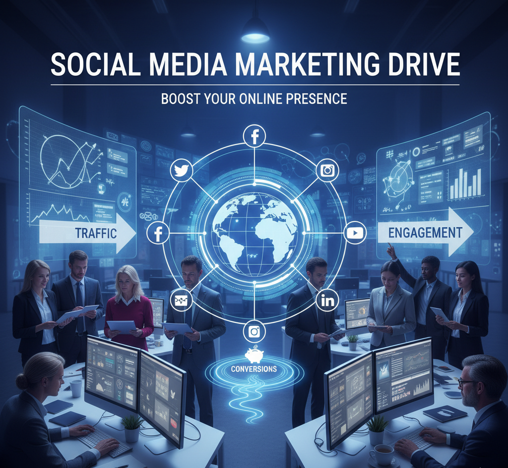 This image is a highly detailed, futuristic illustration focused on a comprehensive Social Media Marketing Drive and its core objectives.