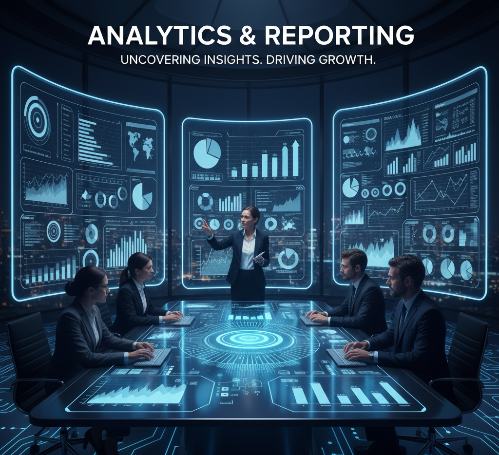 This image is a highly futuristic and professional illustration centered on Analytics & Reporting in a high-tech corporate setting.