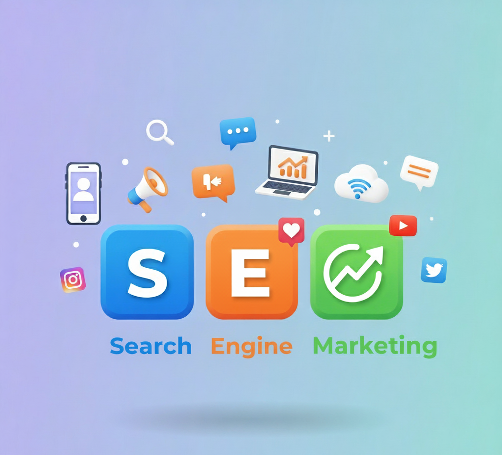 SEM icon with a red upward arrow, black bar chart, red gear, and magnifying glass symbolizing search engine marketing growth."