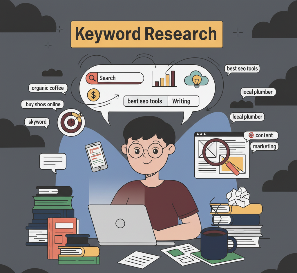 This illustration depicts a person focused on Keyword Research and SEO