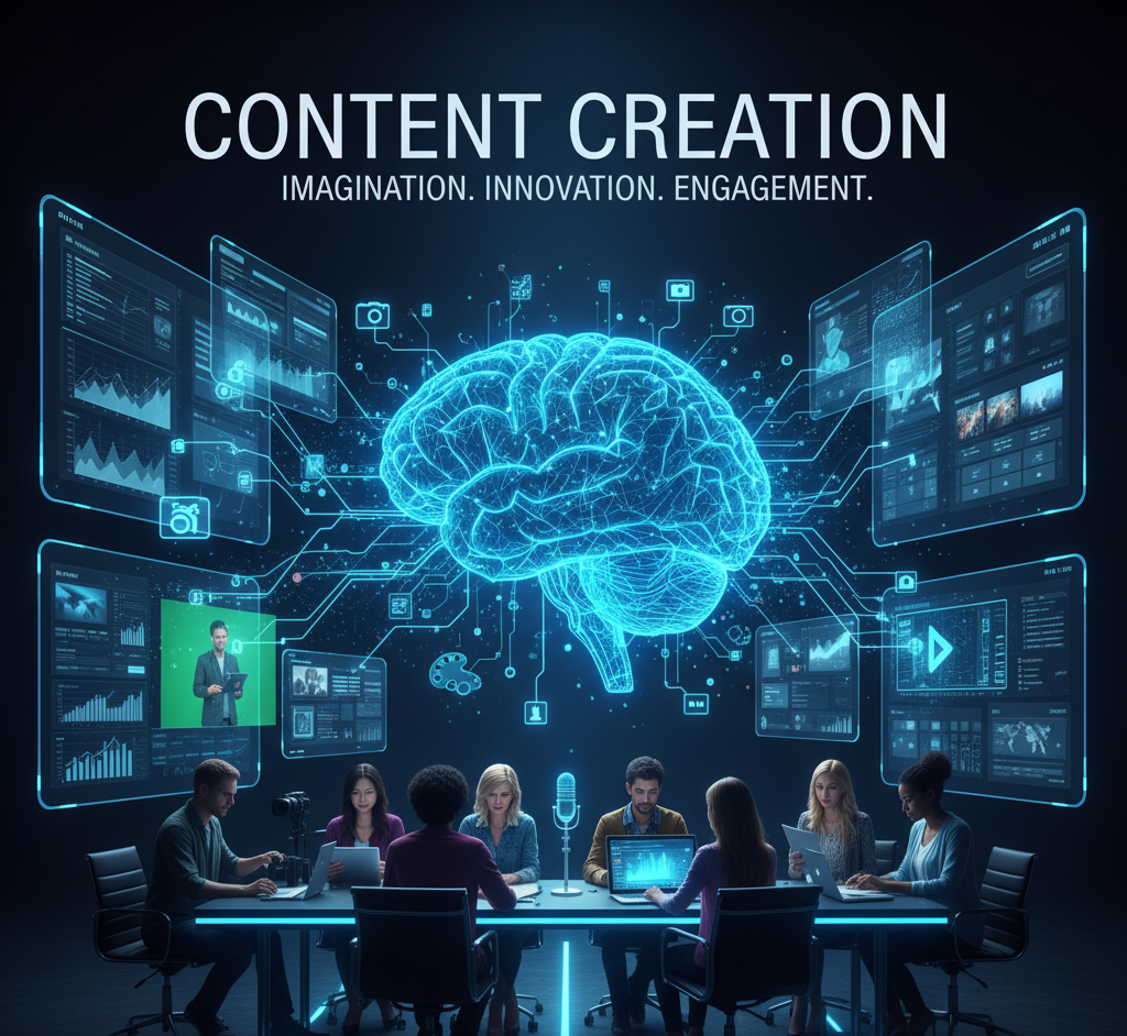 This image is a powerful, futuristic illustration representing the strategic, collaborative, and technological aspects of Content Creation.