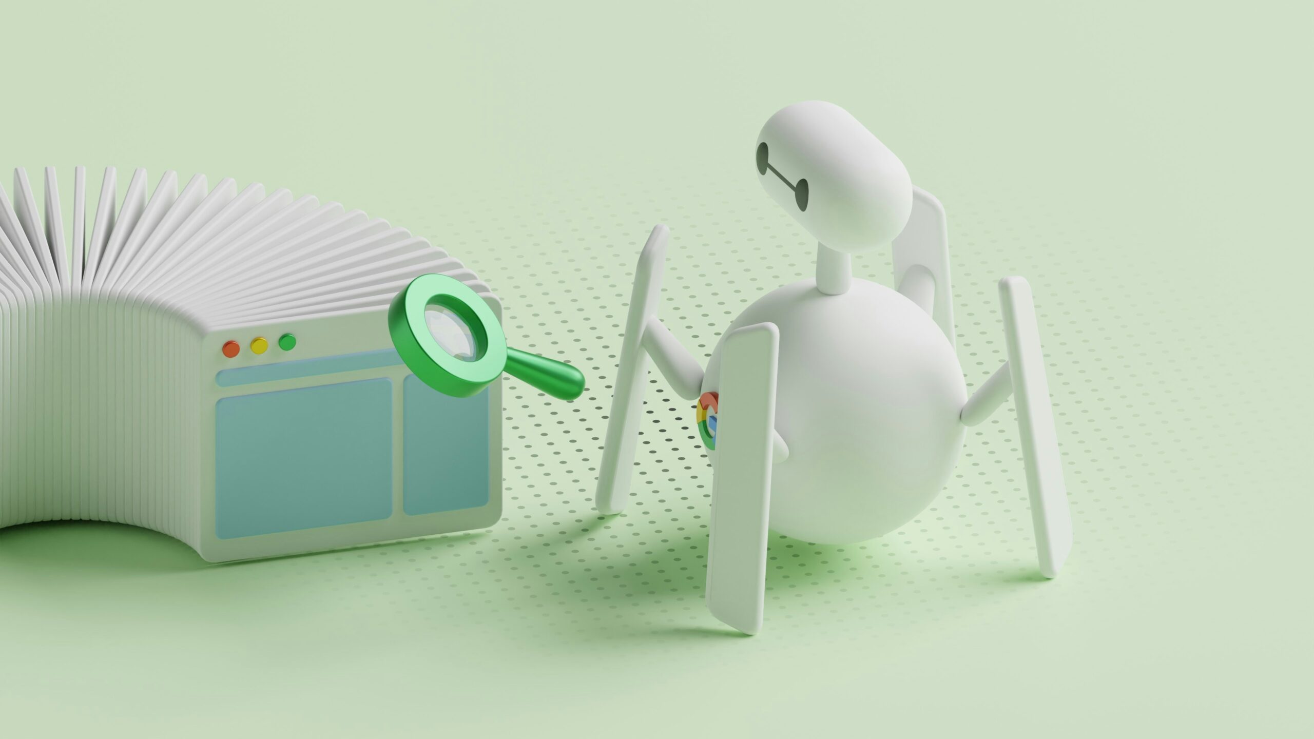 A soft green 3D illustration showing a cute white robot with long legs examining a browser window using a large green magnifying glass. The browser window has multiple pages fanned out, symbolizing web crawling, indexing, or search engine technology.
