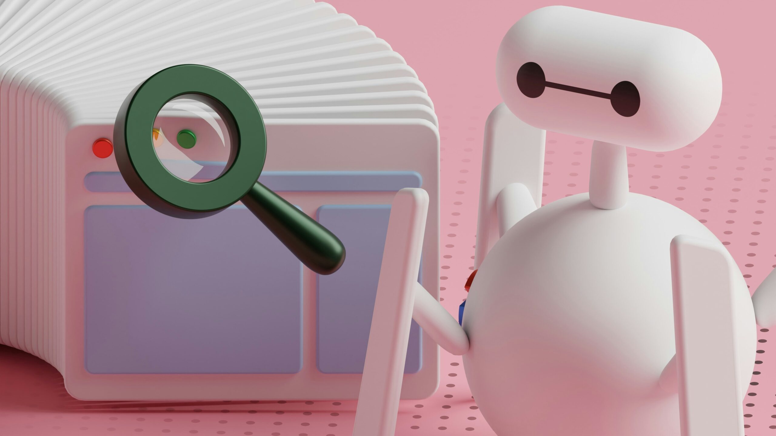 A 3D illustration of a white, simplified robot using a magnifying glass on a stylized web browser or file icon.