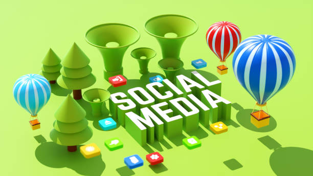 A bright 3D illustration featuring the words “SOCIAL MEDIA” standing upright among green trees, colorful hot-air balloons, and floating app icons. The scene uses playful shapes and vibrant colors to represent digital communication and social platforms.