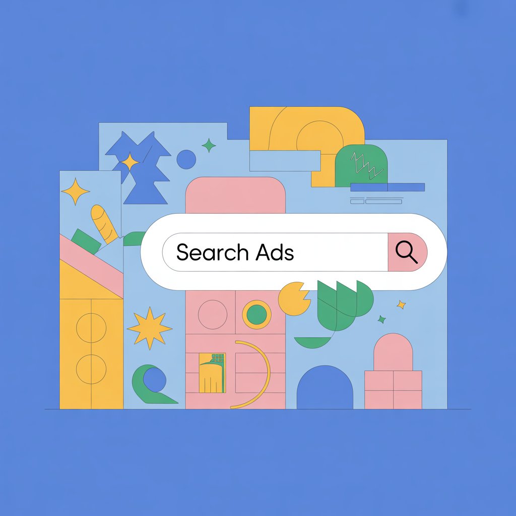 This image is a modern, abstract illustration with a clear focus on Search Ads and the concept of online search or digital advertising.