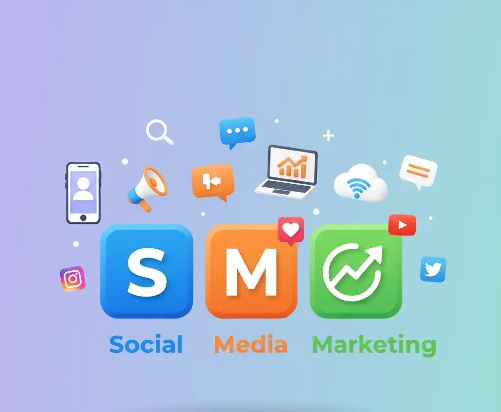 "Colorful social media marketing illustration featuring S, M, M blocks with icons like chat bubbles, analytics, megaphone, smartphone, and popular social platform logos."