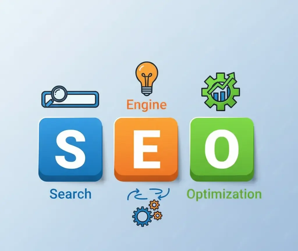 "SEO graphic with blue, orange, and green blocks labeled Search, Engine, and Optimization, featuring icons like a magnifying glass, lightbulb, and gear with analytics."