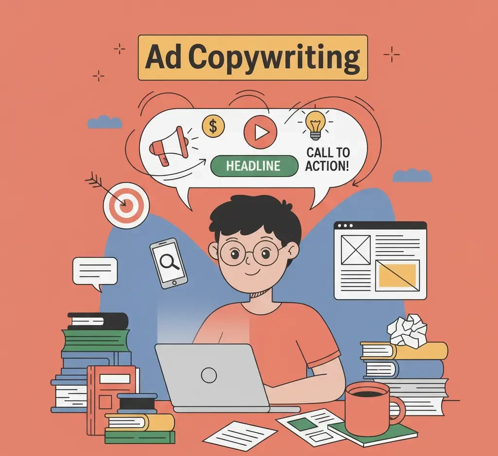 This illustration details the digital Ad Cropywriting workflow, showing a person executing a structured marketing plan via a tablet.