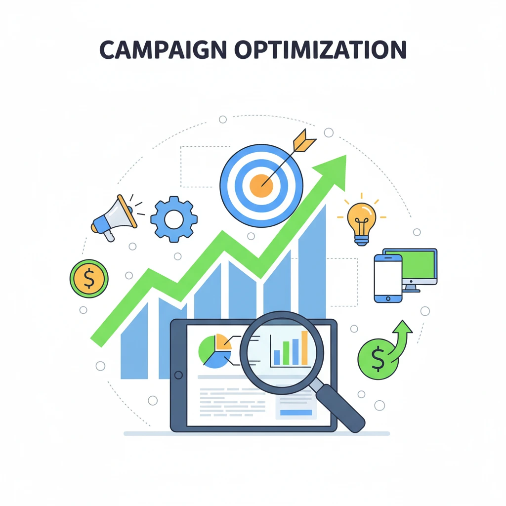 Illustration representing campaign optimization, featuring graphs, a target with an arrow, analytics on a tablet, gears, megaphone, money icons, and digital devices.