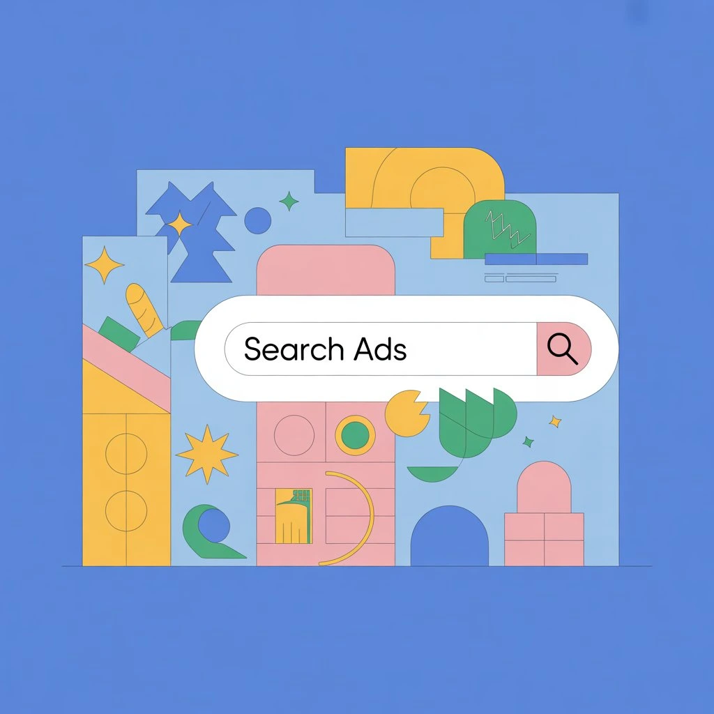 "Abstract illustration with colorful geometric shapes featuring a large search bar labeled 'Search Ads' with a magnifying glass icon,