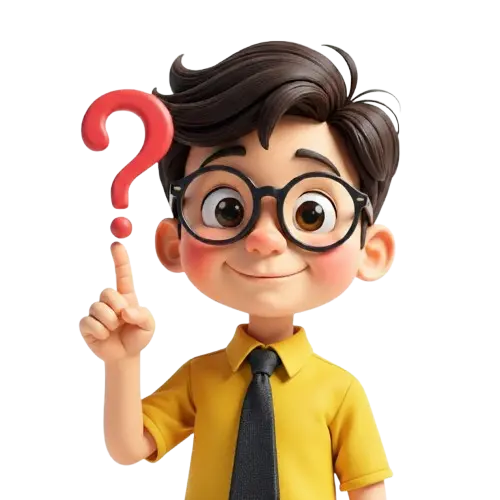 “3D cartoon boy with glasses and yellow shirt pointing upward with a red question mark, representing curiosity, help, or FAQs.”